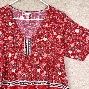Knox Rose Womens XL Red Floral Blouse Shirt Short Sleeve Flowercore Boho